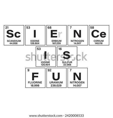 Science is fun. Inspirational motivational quote written in funny periodic table style. Vector illustration for tshirt, website, print, clip art, poster and custom print on demand merchandise.