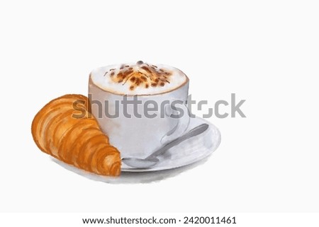 Hot morning coffee with croissant watercolour painting. digital watercolor drawing