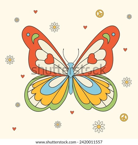 Beautiful groovy butterfly vector hand drawn illustration. Stock pop clip art in Hippie 60s 70s style. Peace. Pacific.
