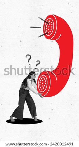 Modern aesthetic artwork. Young girl, support manager holding huge red tube into which alarmed consumer screams. Concept of shopping, customer service management, support, review, hotline. Royalty-Free Stock Photo #2420012491