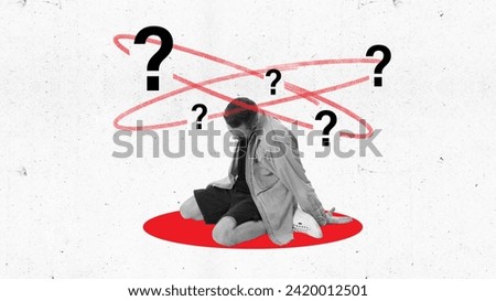 Modern aesthetic artwork. upset and exhausted man sits on red dot with confused thoughts with question marks. Concept of business, shopping, customer service management, support, conflict resolution. Royalty-Free Stock Photo #2420012501