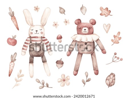 Cute baby toy animals hand drawn by watercolor. Cute printable clipart in cartoon style. Isolated on white. For card, invitation, scrapbooking