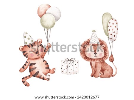 Safari Birthday animals hand drawn by watercolor. Cute printable clipart in cartoon style. Isolated on white. For Birthday card, invitation design