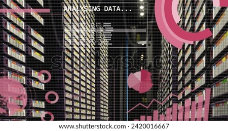 Image of financial data processing over grid and servers background. Global business, finances, computing and data processing concept digitally generated image.