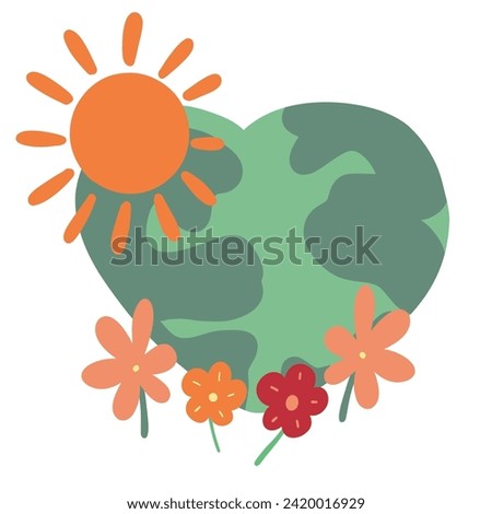 Planet heart with sun and flowers flat design
