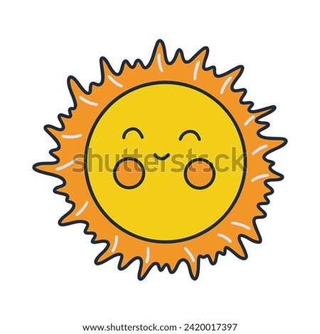 Cute smiling sun on white background. Colorful simple vector hand drawn isolated illustration. Doodle icon. Clip art or card. Celestial luminary