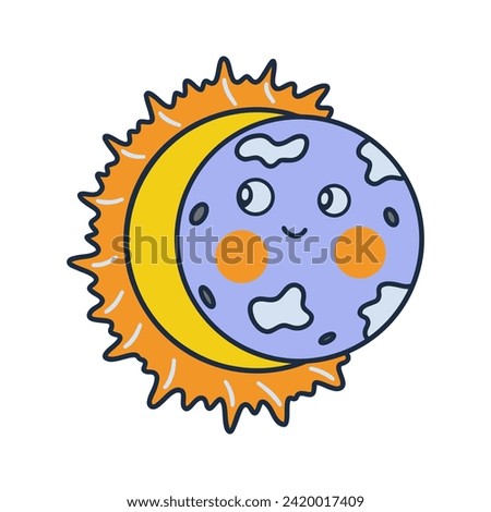Partial solar eclipse. Colorful vector isolated illustration hand drawn doodle. Cute smiling sun and moon. Icon or card, print clip art with contour