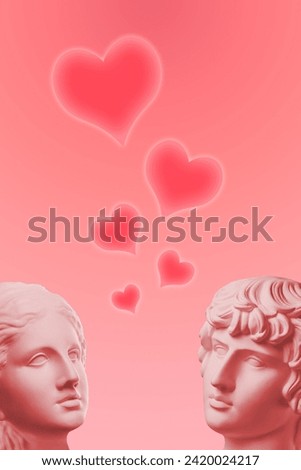 Valentine's day 14 february poster, banner, postcard, congratulations, zine with antique bust face, heart in cute design. Romantic relationship, love at first sight concept. Creative artwork collage. Royalty-Free Stock Photo #2420024217