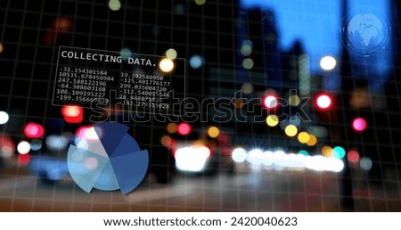 Image of data processing over cityscape. Global business, finances, computing and data processing concept digitally generated image.