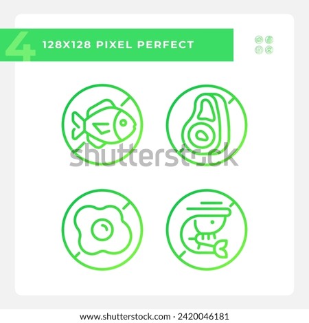 Pixel perfect gradient icons set representing allergen free, green thin line illustration.