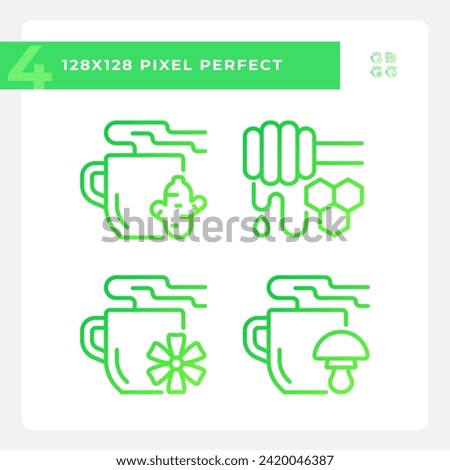 2D pixel perfect simple collection of gradient icons representing allergen free, green thin line illustration.