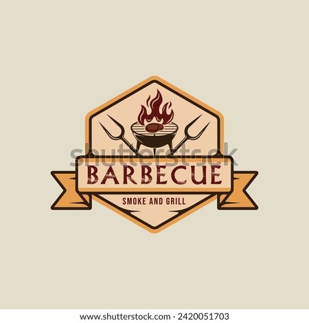 barbecue steak logo emblem vector illustration template icon graphic design. BBQ grill with flame and meat fork sign or symbol for food restaurant steak house with badge retro typography style