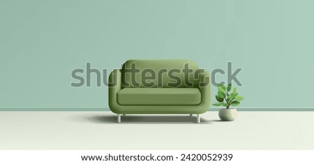 Modern realistic green sofa and potted plant. 3D. For relaxation concepts at home, office, or beauty salon. Development and interior design. Vector Royalty-Free Stock Photo #2420052939