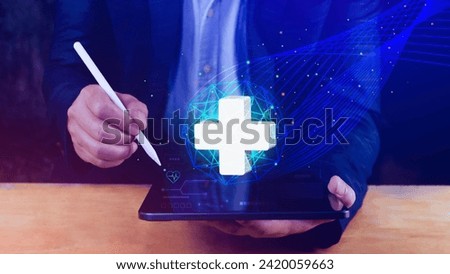 Businessman holding plus icon for health care medical, icon virtual medical health care with medical network connection, People health care awareness rising growth of medical health life insurance bus
