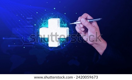 Businessman holding plus icon for health care medical, icon virtual medical health care with medical network connection, People health care awareness rising growth of medical health life insurance bus