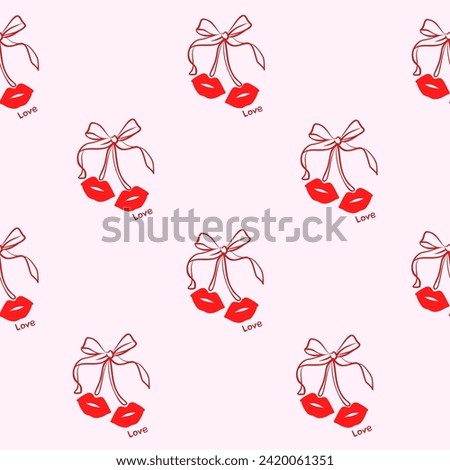 Seamless Cherry-kisses pattern with bow in cartoon style. Cute trendy design. Vector funky illustration. Ballet-core, coquette-core background.