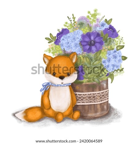 Cute fox with flowers bouquet. Watercolor illustration isolated on white background. Fox drawing with flowers. Fox toy. Cartoon, funny. Greeting card design, happy birthday, baby shower invitation. 