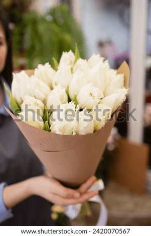 Bouquet of fragrant white tulips, rejoicing at spring festival, date, gift for Valentine's Day, Mother's Day, International Women's Day. Gift, Flower Delivery, Romance, Advertising, Shop, Offer