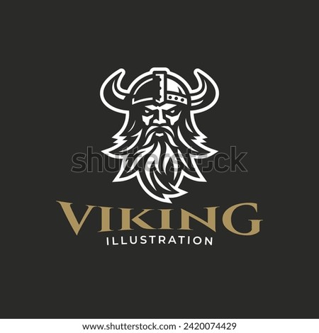 Viking logo design. Nordic warrior symbol. Horned Norseman emblem. Barbarian man head icon with horn helmet and beard. Brand identity vector illustration. Royalty-Free Stock Photo #2420074429