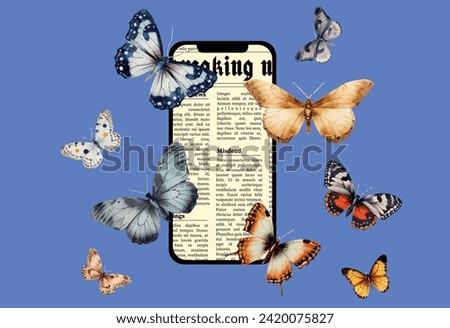 Trendy vintage collage. Modern smartphone on screen with retro newspaper and butterflies around. Retro newspaper in smartphone. Elements for banner designs and more. Vector illustration