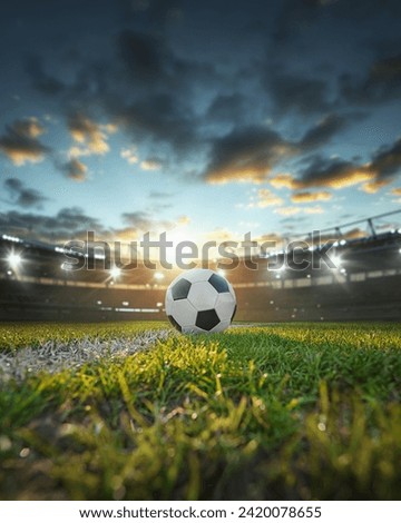 ball on the green field in soccer stadium. ready for game in the midfield as Poster or Plakat. Royalty-Free Stock Photo #2420078655