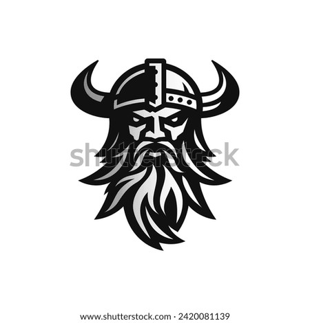 Viking logo design. Nordic warrior symbol. Horned Norseman emblem. Barbarian man head icon with horn helmet and beard. Brand identity vector illustration. Royalty-Free Stock Photo #2420081139