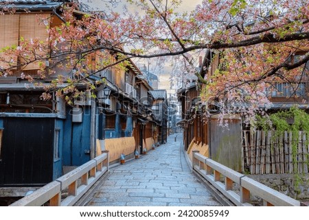 Tatsumi bashi bridge in Gion district with full bloom cherry blossom in Kyoto, Japan Royalty-Free Stock Photo #2420085949
