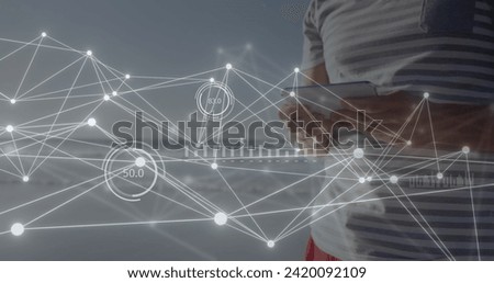 Image of network of connections over caucasian woman using tablet. Global networks, business, finances, computing and data processing concept digitally generated image.