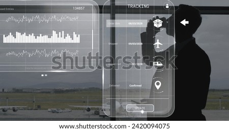 Image of data on screens over caucasian businessman with smartphone. Global networks, business, finances, computing and data processing concept digitally generated image.