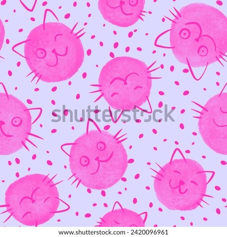 Cartoon watercolor paint spots and animals seamless cats pattern for wrapping paper and fabrics and linens and kids clothes print and festive packaging and party accessories 