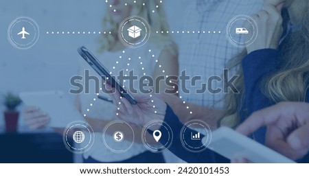 Image of network of connections over caucasian businesswoman using smartphone. Global networks, business, finances, computing and data processing concept digitally generated image.