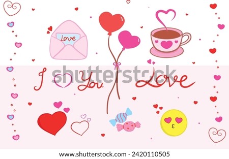 Valentines Day vector clip art collection.coffee cup, romantic letters and heart clipart, Vector Illustration

