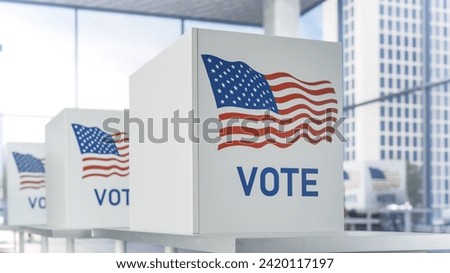 Elections Day in the United States. Picture of an Empty Polling Place with Voting Booths with an American Flag Logo. Preparation for the Presidential Elections in US In Capital City With Skyscrapers.