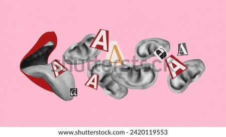 Open female mouth expressing words to human ears with cut out newspaper letters over pink background. Contemporary art collage. Persuasion, manipulation, conversation. Royalty-Free Stock Photo #2420119553