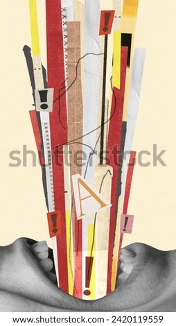 Human mouth shouting with abstract paper strips and exclamation marks over beige background. Contemporary art collage. Flow of information. Concept of social opinion, journalism, freedom of speech