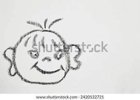 Concept for positive attitude with hand drawn fat tricky child face on white background. Psychology, emotion, smiley face, place for text and copy space