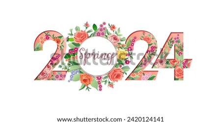 Floral number 2024. Spring concept. Creative set of 2, 0 and 4 with vintage flowers and leaves. Beautiful wreath with roses. Isolated symbol with clipping mask. Sale or special offer banner. Web icon.