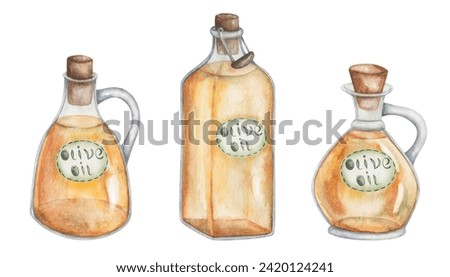 Watercolor set of illustrations. Hand painted glass jugs with handles, corks, Olive Oil labels. Square bottle with tag. Yellow virgin olive oil. Transparent pitchers with stickers. Isolated clip art