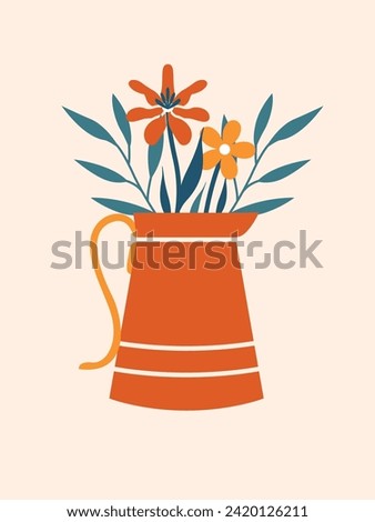 Cute spring illustration with jug, kitchen utensils, flowers, plants, leaves. Cartoon hand drawn clip art. Cottagecore, slow farm life, hobby of gardener. For card, sticker, badge, banner.