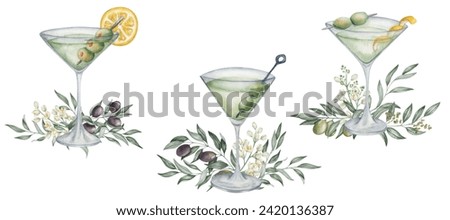 Watercolor set of illustrations. Hand painted dry martini cocktails in martini glass with green olives, slice of lemon. Olive fruits, flowers, branches. Dirty martini. Alcohol drink. Isolated clip art