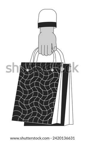 South asian hand holding gift bags cartoon human hand outline illustration. Purchasing shopping 2D isolated black and white vector image. Package store commerce flat monochromatic drawing clip art
