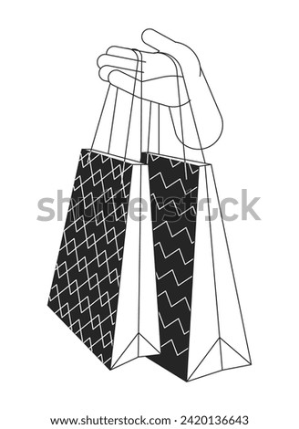 Shopping bags carrying cartoon human hand outline illustration. Buyer shopaholic 2D isolated black and white vector image. Fashion customer. Promotion sales store flat monochromatic drawing clip art