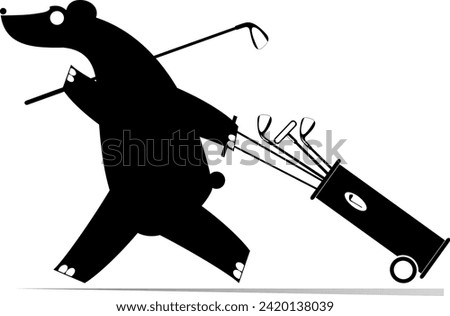 Cartoon bear going to play golf. 
Cute bear with golf club and golf bag goes to the golf course. Black and white illustration
