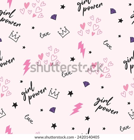 Girls seamless pattern with calligraphic slogan, hearts, words . background for textile, graphic tees, kids wear. Wallpaper for teenager girls. Fashion style.