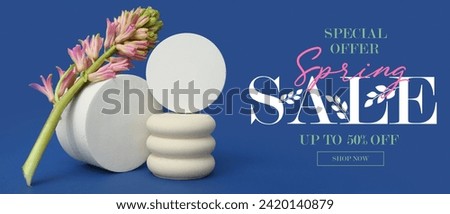 Beautiful hyacinth flowers on blue background. Spring Sale