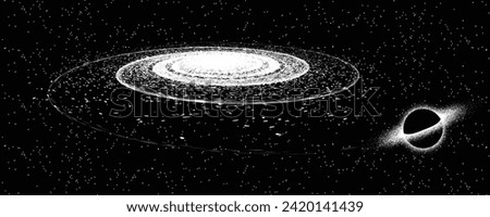 Black hole with disc of plasma eating dying star in space. Supermassive singularity in core off a galaxy, with noise texture . Event horizon .Vector illustration