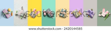 Collage with many gifts and Easter decorations on color background, top view