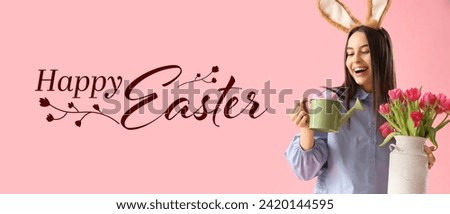 Young woman with Easter eggs, watering can and flowers on pink background. Festive banner