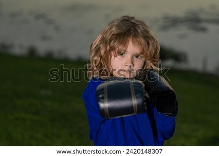 Kid boy practicing martial arts outdoor. Sport martial arts kids. Little boy wearing kimono doing karate in park. Child with boxing gloves training martial arts. Little fighter. Martial arts for kids. Royalty-Free Stock Photo #2420148307
