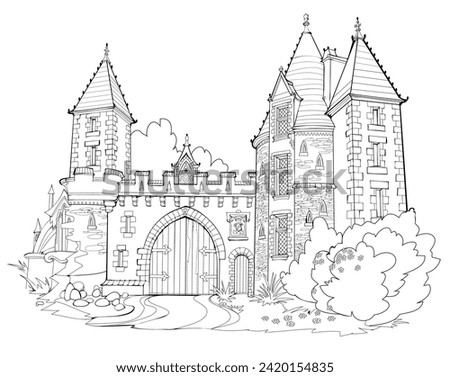 Illustration of ancient medieval castle with gates. Black and white page for kids coloring book. Fairyland fortress. Worksheet for drawing and meditation for children and adults. French architecture. Royalty-Free Stock Photo #2420154835